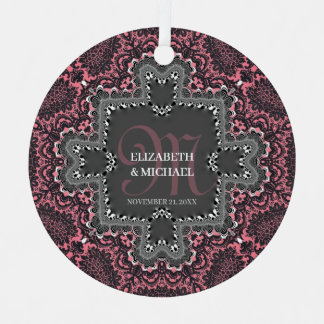 Dusky Pink Charcoal Vintage Romance Damask Lace Metal Ornament