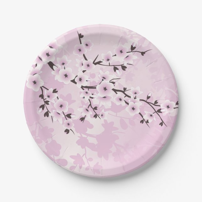 Dusky Pink Cherry Blossoms Asia Floral Paper Plate (Front)