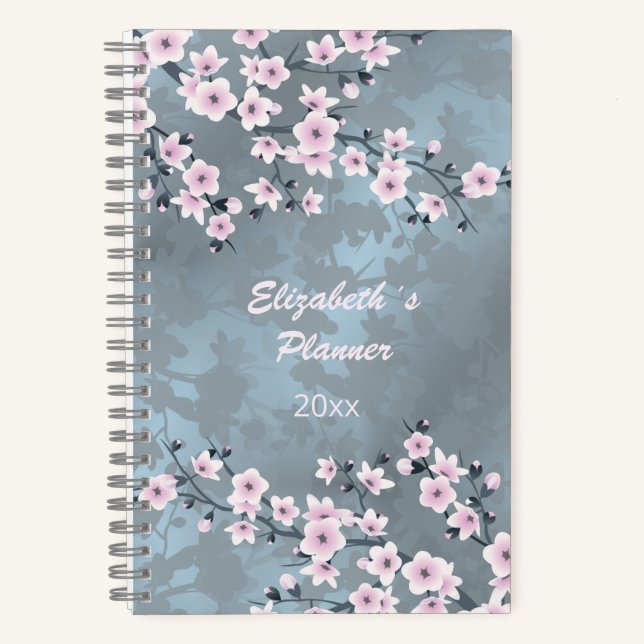Dusky Pink Dusty Blue Cherry Blossom Name Year  Notebook (Front)