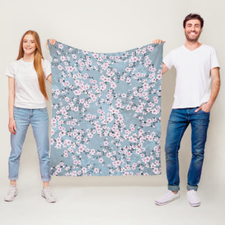 Dusky Pink Dusty Blue Cherry Blossoms Fleece Blanket