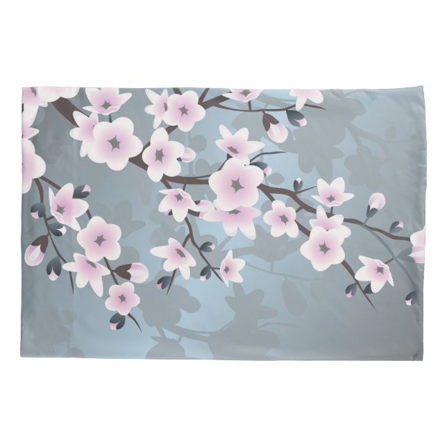 Dusky Pink Dusty Blue Cherry Blossoms Floral Pillowcase (Back)