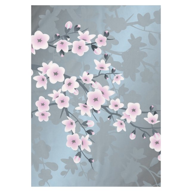 Dusky Pink Dusty Blue Cherry Blossoms Tablecloth (Front)