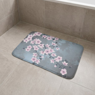Dusky Pink Grayish Blue Cherry Blossom Floral Bath Mat