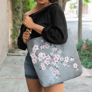 Dusky Pink Grayish Blue Cherry Blossoms Floral Tote Bag