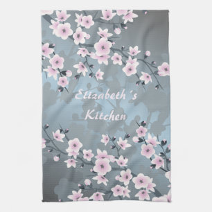 Dusky Pink Grayish Blue Cherry Blossoms Kitchen To Towel