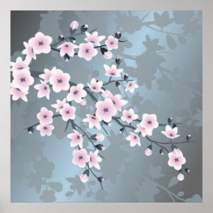 Dusky Pink Grayish Blue Cherry Blossoms Poster