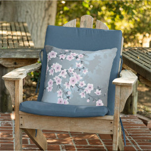 Dusky Pink Grayish Blue Cherry Blossoms Throw Pillow