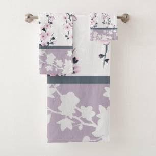 Dusky Pink Mauve Stripes Cherry Blossoms Bath Towe Bath Towel Set