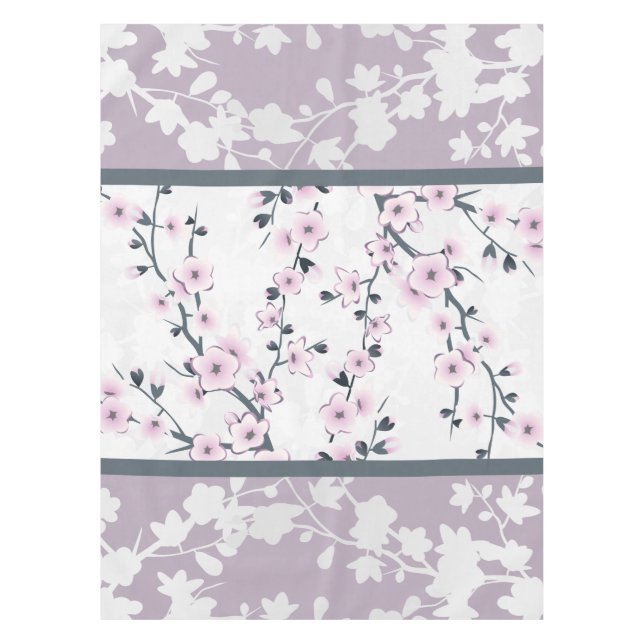 Dusky Pink Mauve Stripes Cherry Blossoms Tableclot Tablecloth (Front)