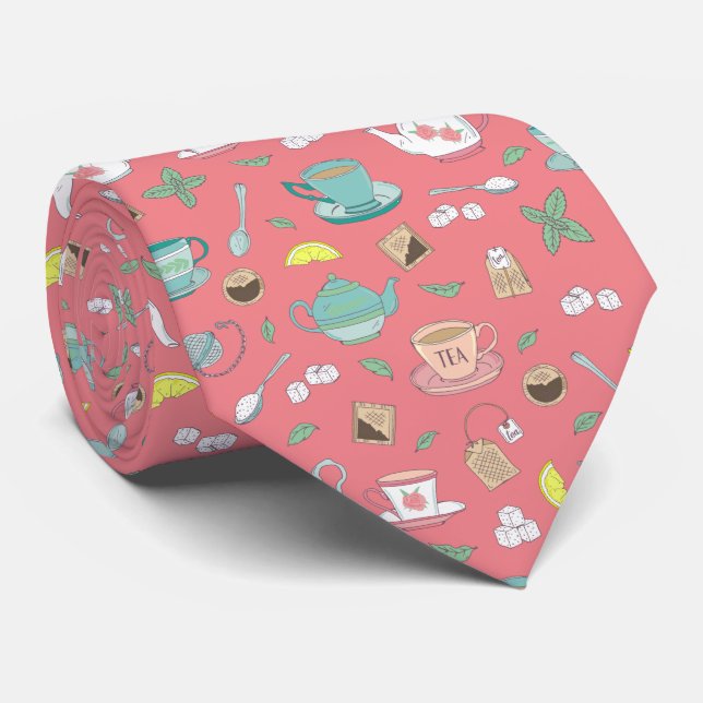 Dusky Pink Vintage Tea Cups Teapots Patterned Tie (Rolled)