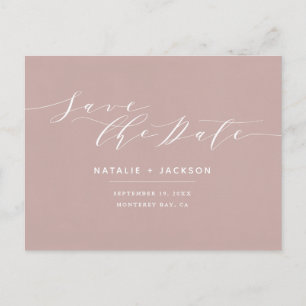 Dusky pink + white elegant wedding save the date postcard
