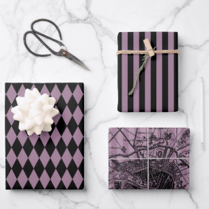 Dusky Purple and Black Paris themed Wrapping Paper Sheet
