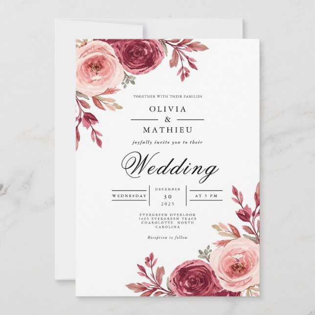 Dusky Rose Bloom Floral Wedding Invitation (Front)