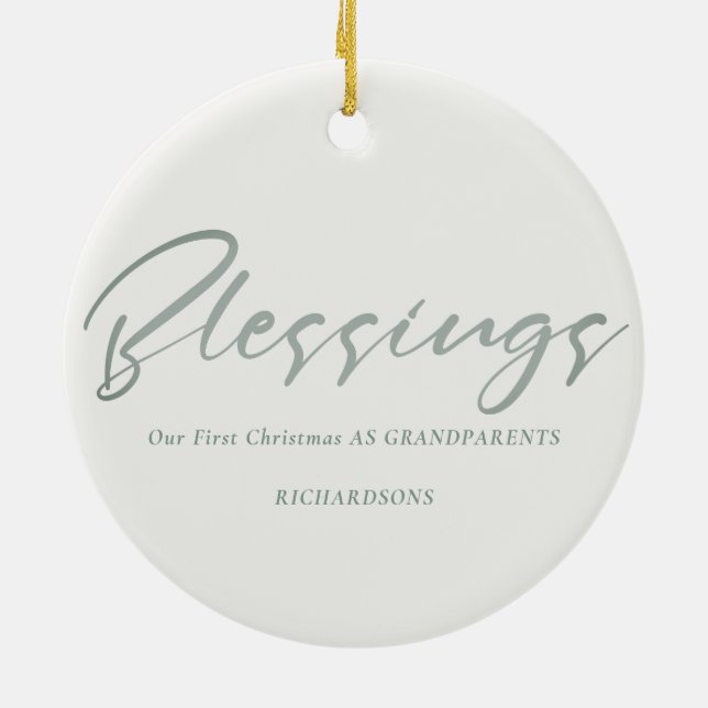 Dusky Sage Green Christmas Wreath Photo Blessings Ceramic Ornament (Back)