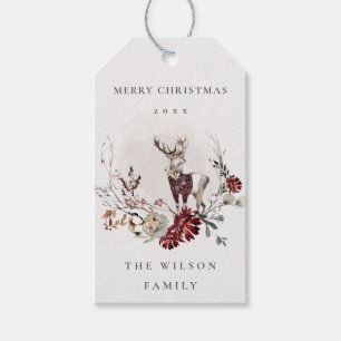 Dusky Stag Marsala Foliage Wreath Merry Christmas Gift Tags