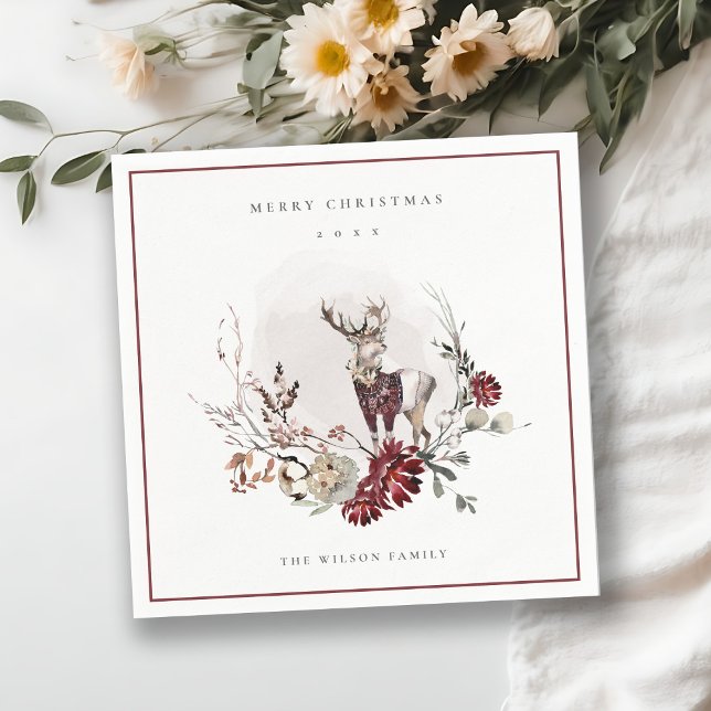 Dusky Stag Marsala Foliage Wreath Merry Christmas Napkin (Creator Uploaded)