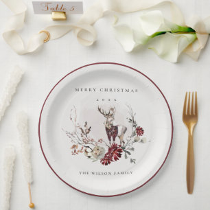 Dusky Stag Marsala Foliage Wreath Merry Christmas Paper Plate