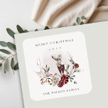 Dusky Stag Marsala Foliage Wreath Merry Christmas Square Sticker<br><div class="desc">If you need any further customisation please feel free to message me on yellowfebstudio@gmail.com.</div>