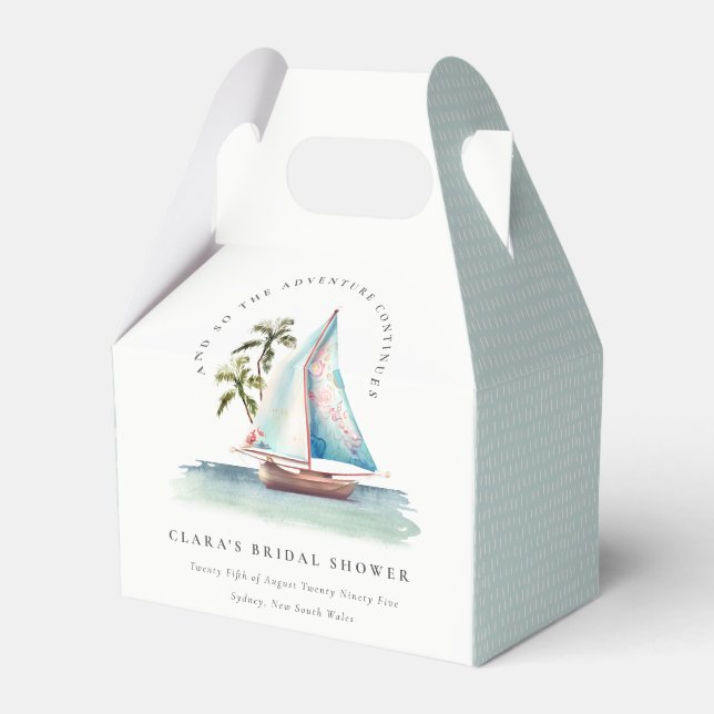 Dusky Teal Sailboat Palm Seascape Bridal Shower Favor Box (Front Side)