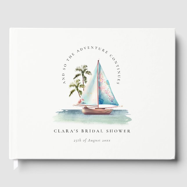 Dusky Teal Sailboat Palm Seascape Bridal Shower Guest Book (Front)