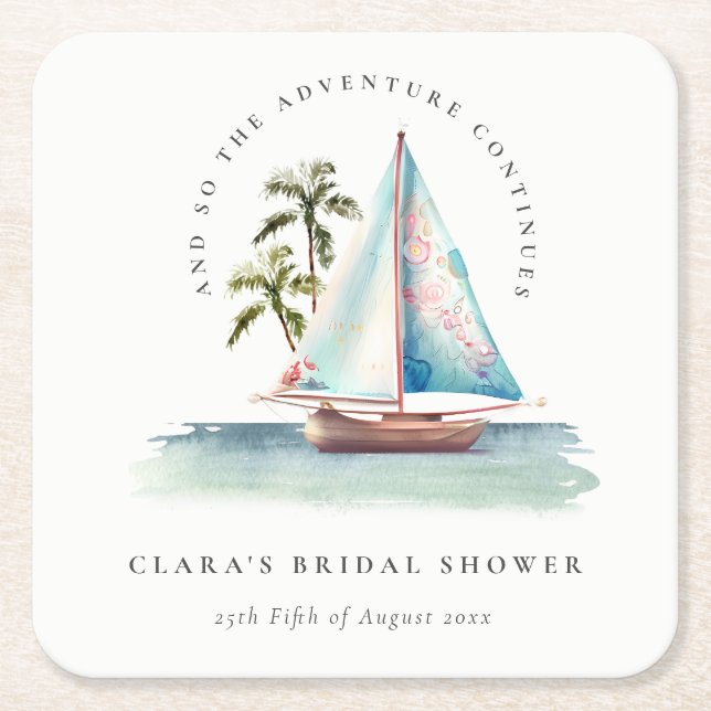 Dusky Teal Sailboat Palm Seascape Bridal Shower Square Paper Coaster (Front)