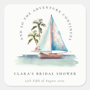 Dusky Teal Sailboat Palm Seascape Bridal Shower Square Sticker
