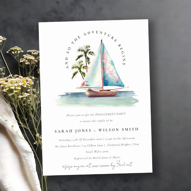 Dusky Teal Sailboat Palm Seascape Engagement Invitation (Creator Uploaded)