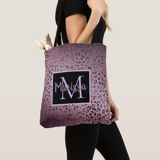 Dusky Violet Leopard Monogram Tote Bag (Close Up)