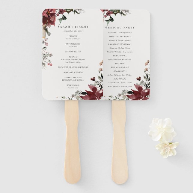 Dusky Warm Winter Festive Foliage Wedding Program Hand Fan (Front and Back)