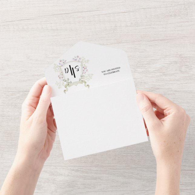 Dusky Wildflower Monogram Crest Wedding All In One Invitation (Opening)