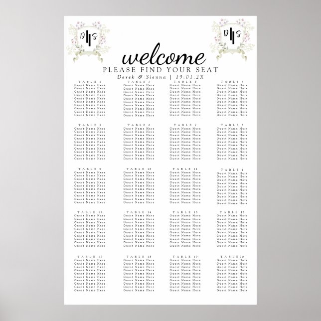 Dusky Wildflower Monogram Crest Wedding Seating Poster (Front)