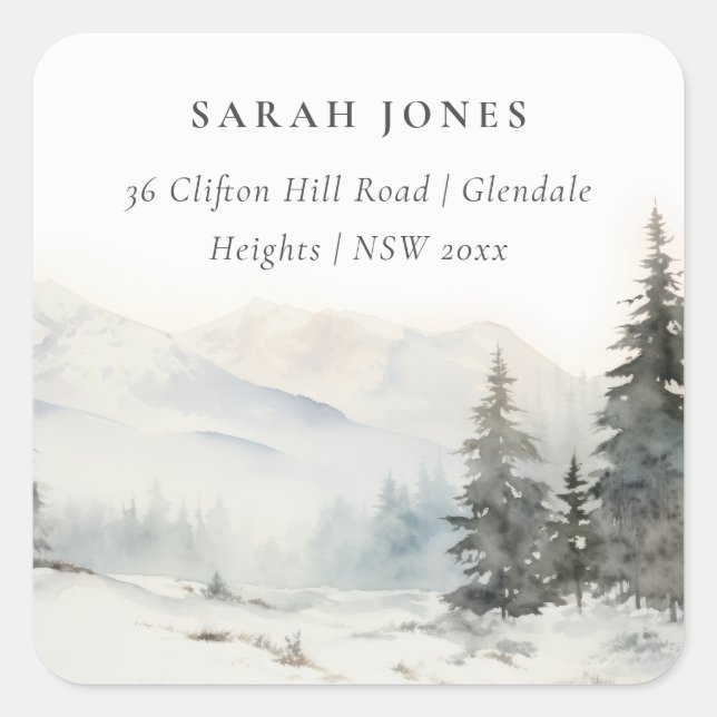 Dusky Winter Snow Mountain Landscape Address Square Sticker (Front)