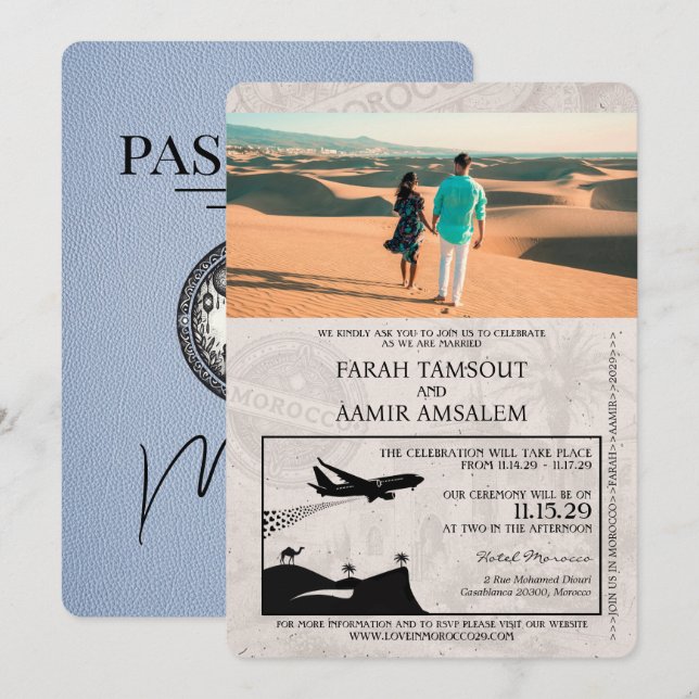 Dusrty Blue Morocco Passport Wedding Invitation (Front/Back)