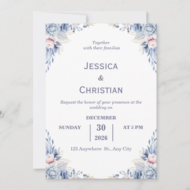 Dust Blue Floral Wedding Invitation  (Devant)
