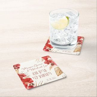 Dust & Red Terracotta Boho Jewish Chuppah Square Paper Coaster