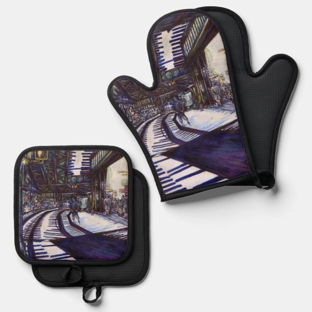 Dusting the Piano Oven Mitt & Pot Holder Set (Front/Back)