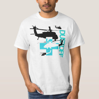 Dustoff noir et bleu sur le T-shirt blanc