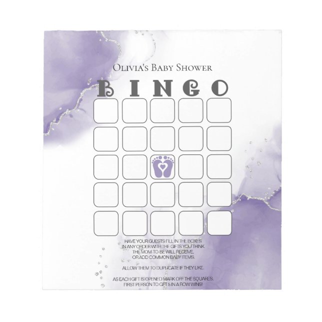 Dusty Amethyst Marble Baby Shower Bingo  Notepad (Front)