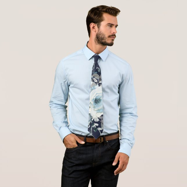 Dusty and Navy Blue Botanical Floral Wedding Tie (In Situ)