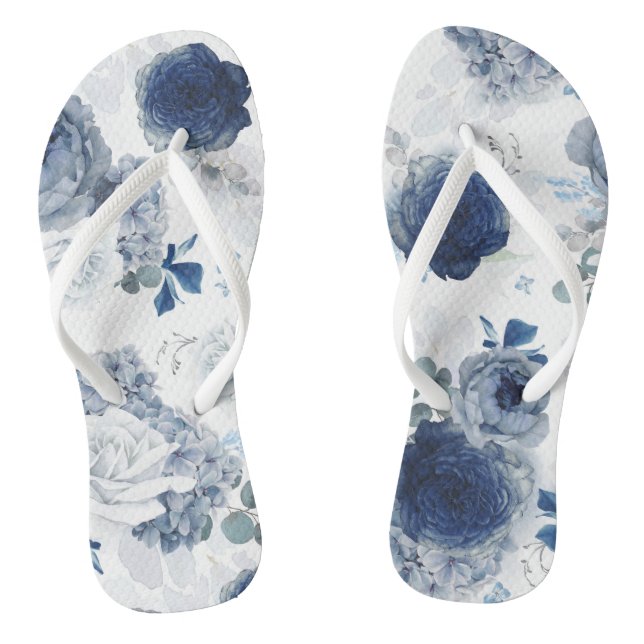Dusty and Navy Blue Floral Elegant Botanical Flip Flops (Footbed)