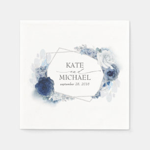 Dusty and Navy Blue Floral Silver Wedding Napkin