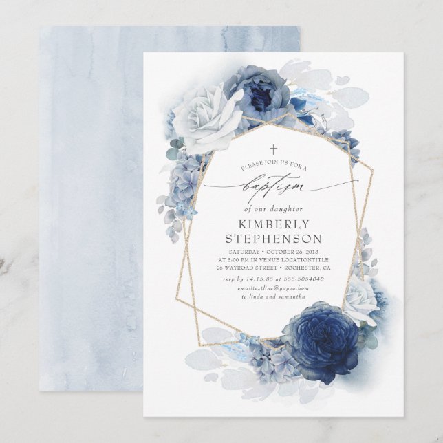 Dusty and Navy Blue Flowers Elegant Modern Baptism Invitation (Front/Back)