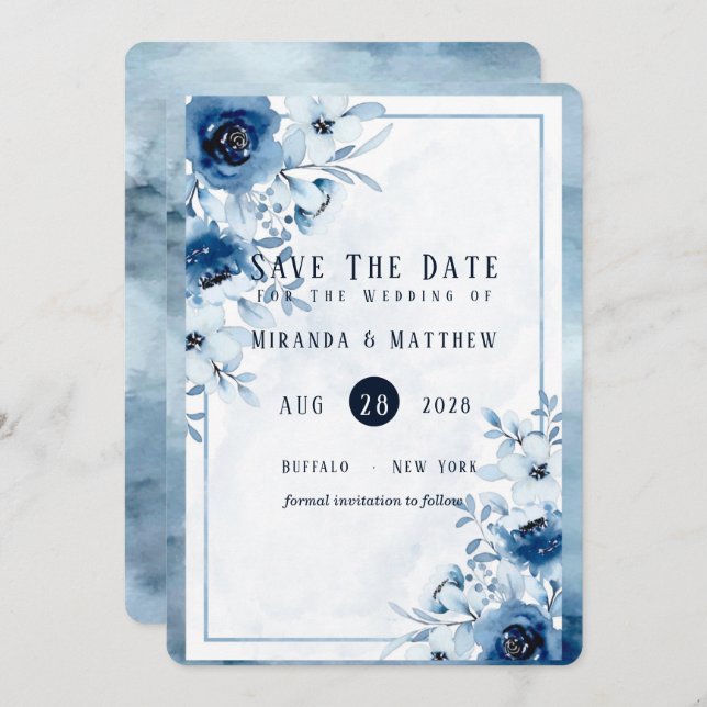 Dusty and Navy Blue Paint Peony Save The Date Card (Front/Back)