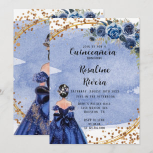 Dusty and Navy Gold Girl Quinceanera Birthday Invitation