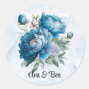 Dusty and Navy Watercolor Peony Wedding Classic Round Sticker