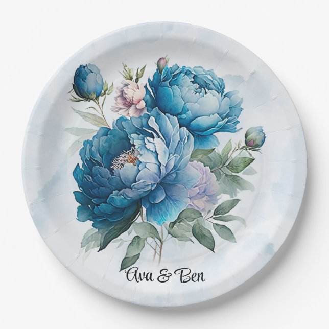Dusty and Navy Watercolor Peony Wedding Paper Plate (Front)