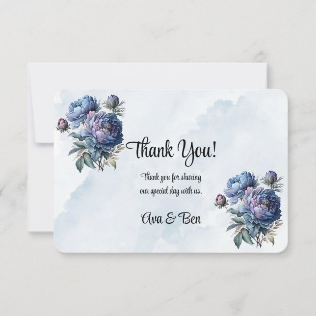 Dusty and Navy Watercolor Peony Wedding Thank You Card (Front)