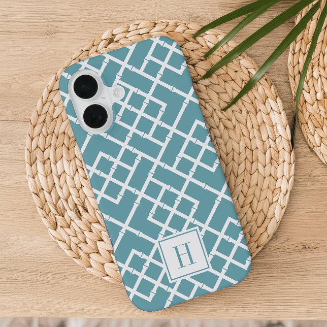 Dusty Aqua Bamboo Lattice Pattern Monogram iPhone 16 Case (Creator Uploaded)