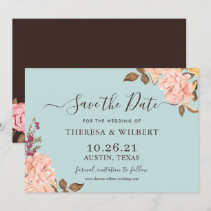 Dusty Aqua Blue Blush Floral Wedding Save the Date Invitation