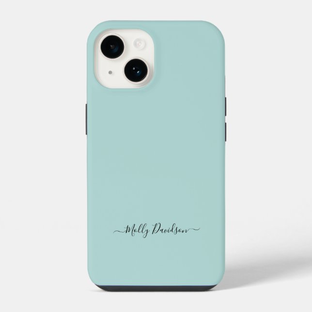 Dusty Aqua Simple Minimalist Script Custom Name iPhone Case (Back)
